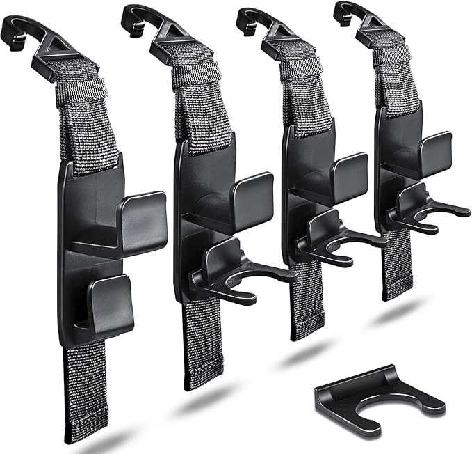 matteblack Magic Hanger Headrest Holder Organizer, Behind Over The Seat Car Hooks-Hang Purse Grocery Bags-4Pack (Frosted Black)