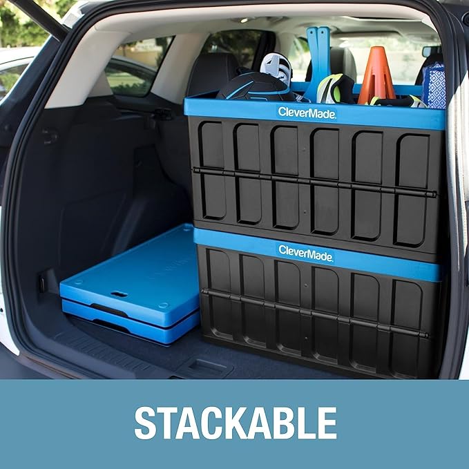 CleverMade Collapsible Storage Bins with Lids (46L, 3 Pack) – Stackable Foldable Plastic Storage Crates for Home, Closet & Trunk Organization - Obsidian