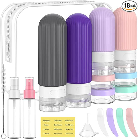 ME.FAN Travel Bottles for Toiletries,18 Pack Silicone Portable Size Bottle, TSA Approved Refillable Cosmetic Container Kits for Conditioner, Shampoo, Lotion,Face Cream - Purple