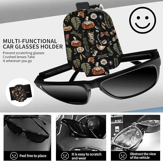 Leather Magnetic Sunglass Holder for Car Sun Visor, Cute Eyeglass Ticket Card Hanger Clip, Universal Auto Interior Accessories for SUV Pickup Truck Mushroom Forest