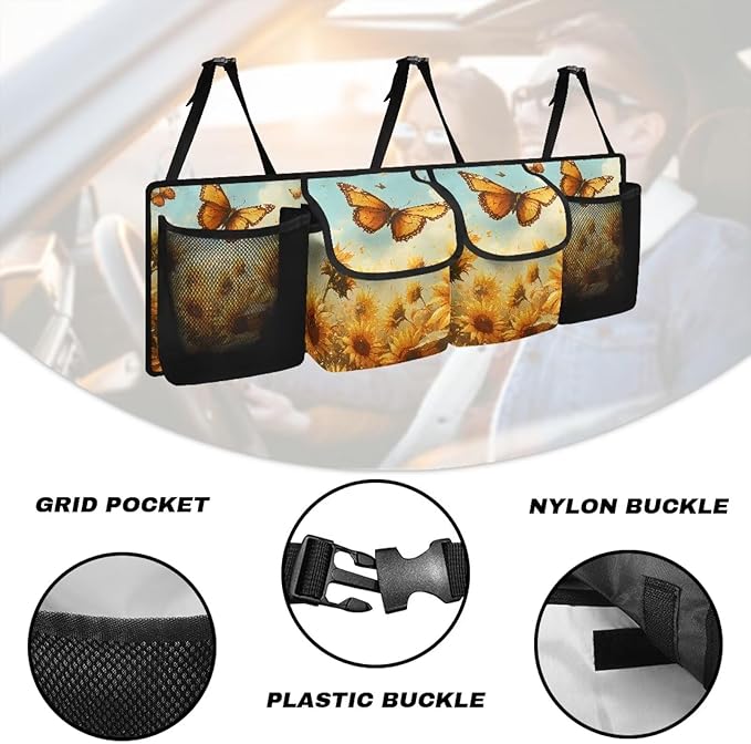 Butterfly Sunflower Print Car Trunk Organizer with 4 Pockets Hanging Car Backseat Storage Bag Multipurpose Car Organizer Bag Universal Car Interior Accessories