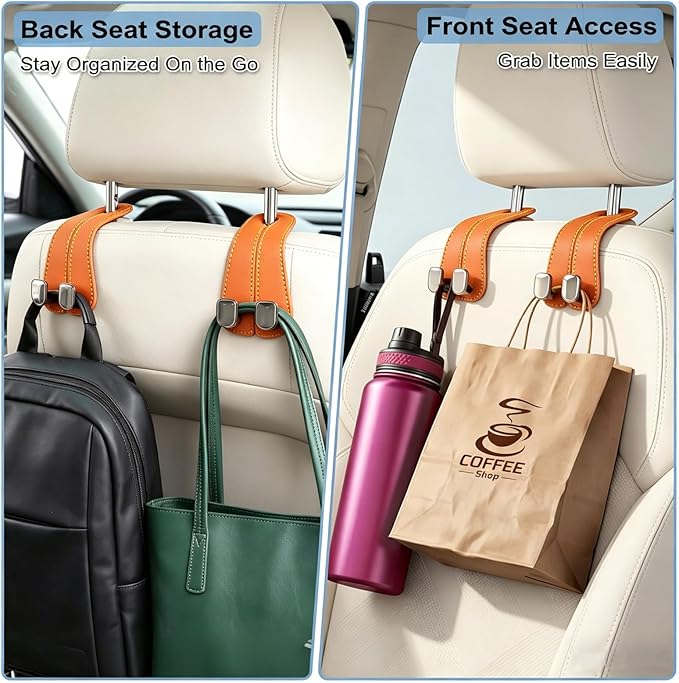 CHOSMOYI 2 Packs Car Seat Hooks, Leather Car Headrest Hook, Car Purse Hook Seat Back Hanger Storage Organizer, Car Hook for Purses and Bags(Coral Orange)