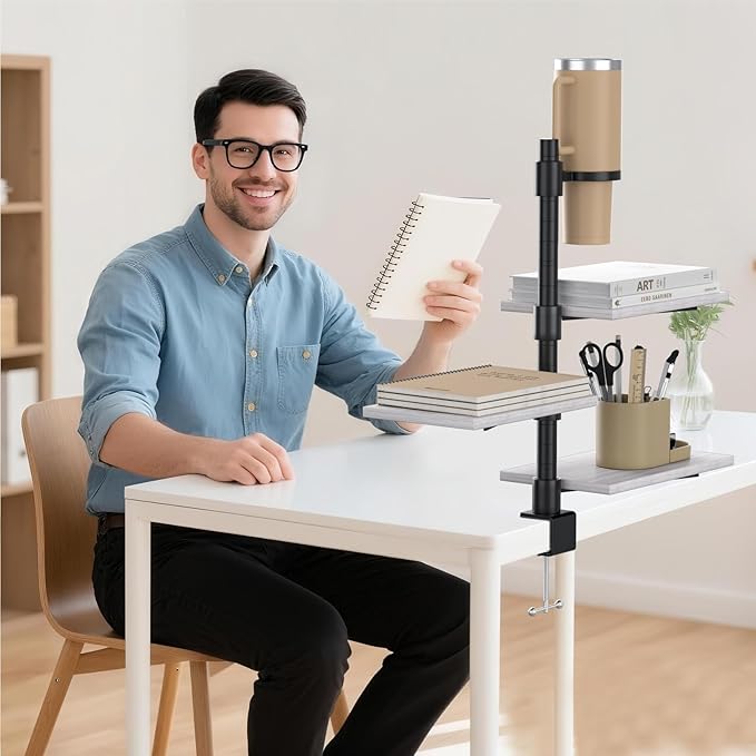 3-Tier Clamp On Desk Shelf with Cup Holder, Rotatable Height Adjustable Over or Under Desk Storage Shelves, Heavy Duty Desktop Organizer for Office Dorm Room Gaming Kitchen