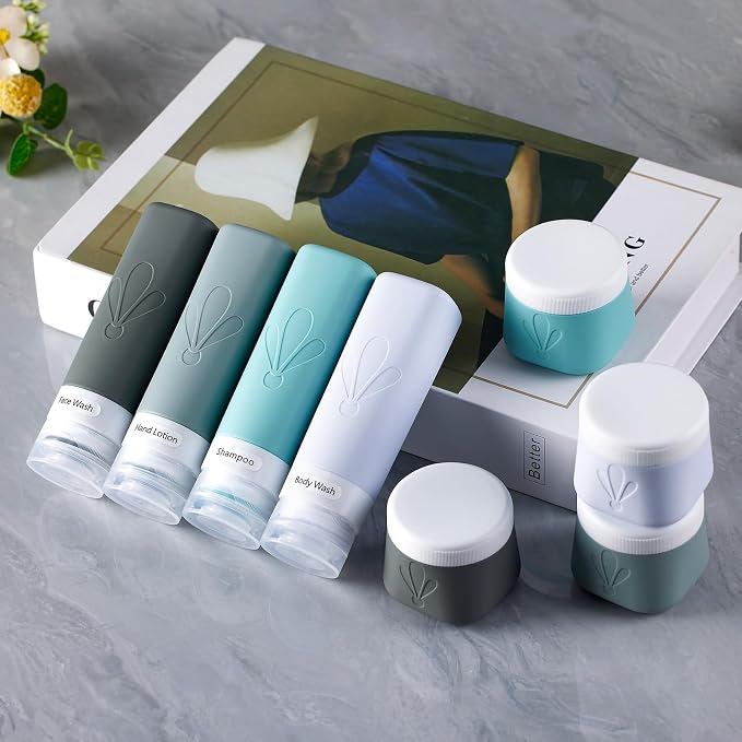 INSFIT travel bottles for toiletries 8 Pack, Leak proof Travel Size Toiletries Containers with toiletry bag, Squeezable Silicone Bottles & Cream Jars, Travel Essentials BPA-Free kit for Shampoo