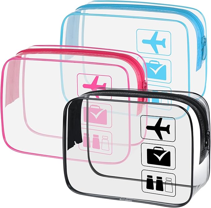 3Pcs TSA Approved Toiletry Bag, Clear Travel Toiletry Bag, Clear Makeup Bag, Waterproof Travel Makeup Cosmetic Bag, Carry On Airport Airline Quart Size Travel Bag for Women Men (Black+Pink+Blue)