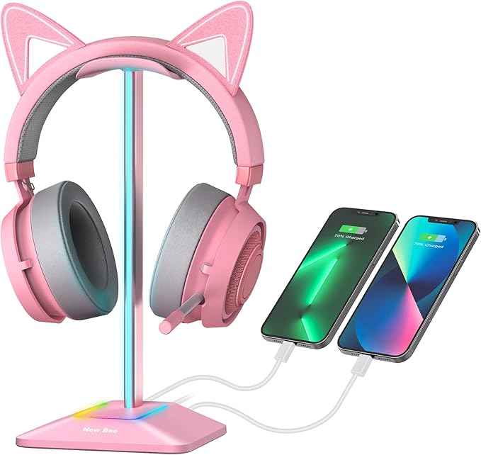 New Bee RGB Headphone Stand with 1 USB-C Charging Port and 1 USB Charging Port, Desk Headset Stand with 7 Light Modes and Non-Slip Rubber Base Suitable for All Earphone Accessories (Pink)