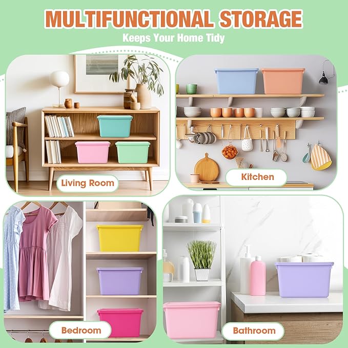 Potchen 8 Pack Cute Plastic Storage Bins with Lids Decorative Stackable Storage Boxes 9.8" ×7.3" ×5.7" Small Storing Totes for Organizing Craft Office Supplies (Mixed Color)