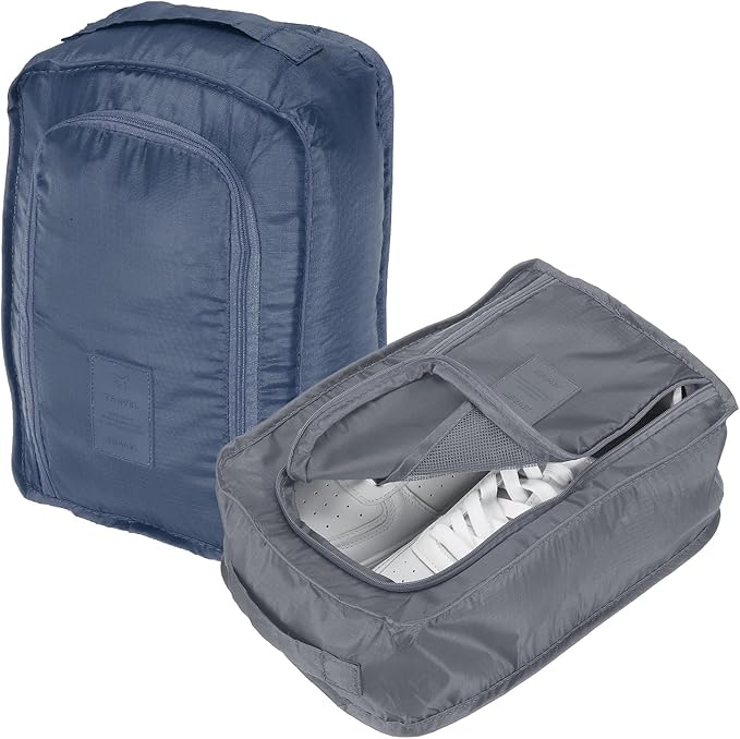 Foldable Travel Shoe Bag, Waterproof Shoe Pouches Organizer with Handle Travel Packing Cubes -Fitting for Storing (Sneakers/Sandals/Fitness Shoes) 2 Pcs & Gray/Navy Blue