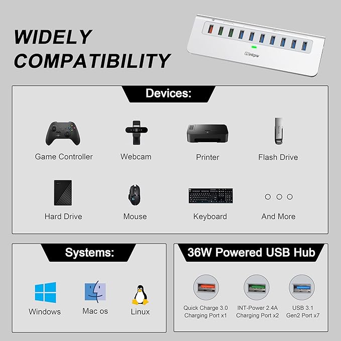 Powered USB Hub 10Gbps, 10 Port USB 3.2 Gen 2 Hub with 7 USB 3.2 Data Ports, 3 Fast Charging Ports, 36W Power Adapter, Type A and Type C Cable, Aluminum USB Data Hub for Mac, PC, Laptop