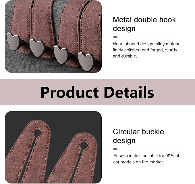 2 PCS Car Seat Backpack Hooks, Alloy High Load-bearing Seat Headrest Double Hooks, 2-in-1 Multifunctional Storage Hangers Phone Holder, Universal for Most Cars (Brown)