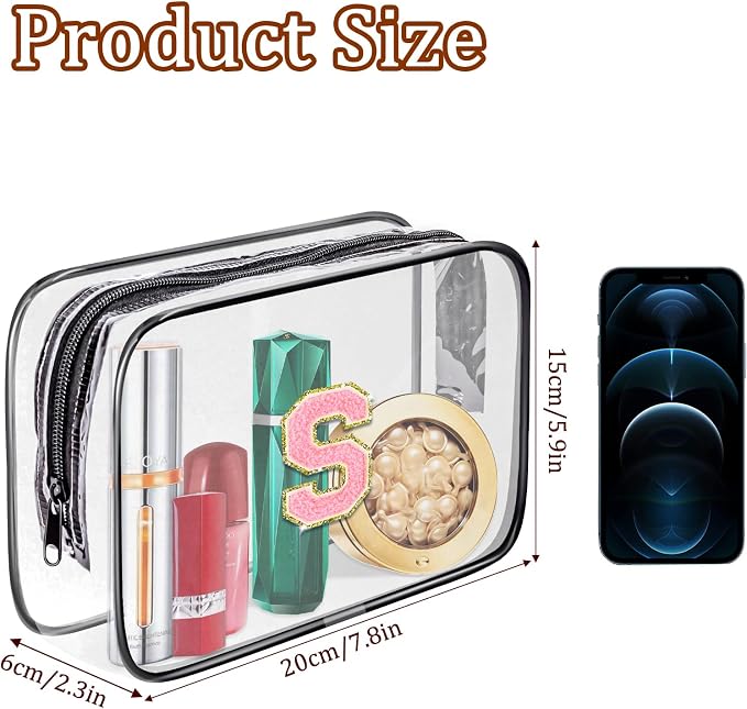Clear Toiletry Bag,Portable Travel Toiletry Bag,Chenille Letter Cosmetic Bag with Zipper,Waterproof Makeup Bag,Cosmetic Storage Organizer for Women Men,Travel Essentials (Black,R)