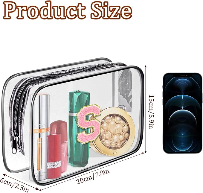 Clear Toiletry Bag,Portable Travel Toiletry Bag,Chenille Letter Cosmetic Bag with Zipper,Waterproof Makeup Bag,Cosmetic Storage Organizer for Women Men,Travel Essentials (Black,T)