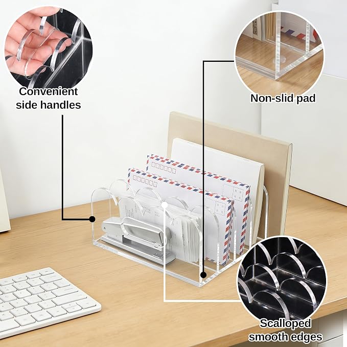5-Compartments Acrylic Mail Organizer for Desktop, Scalloped Mail Sorter Organizer, Space Saving Acrylic File Organizer for Letter File Bills, Clear