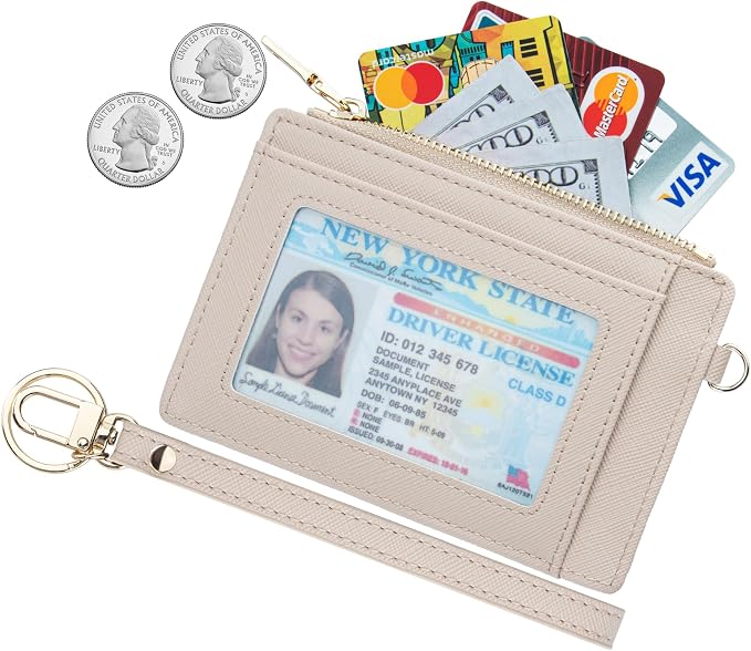 Wikavanli Women Slim Rfid Blocking Credit Card Case Holder Wristlet Zip ID Case Wallet Small Compact Leather Wallet Coin Purse with Keychain (Off-White)