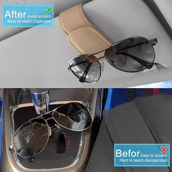 TCJJ Sunglasses Holders for Car Visor,Car Magnetic Glasses Holder Leather Sunglasses Clip and Ticket Card Clip Suitable for Car Interior Visor and Different Size Eyeglasses(Beige/2)