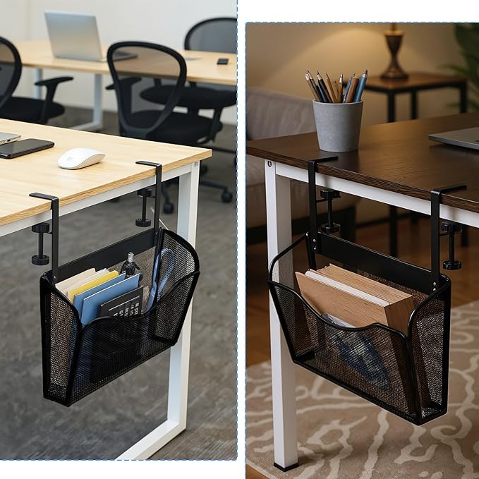 Clamp On Desk Organizer, 2-IN-1 Under Desk Side Organizer Storage, Wall Mounted Mesh File Rack, Hanging Office Organization for Document Magazine Paper School Supplies