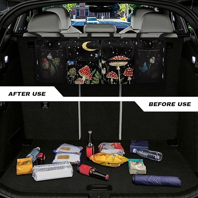 Mushroom Printed Car Trunk Organizer, Collapsible Auto Backseat Hanging Storage Bag Wear-Resistant Oxford Fabric Hanging Trunk Organizer for Car Truck SUV