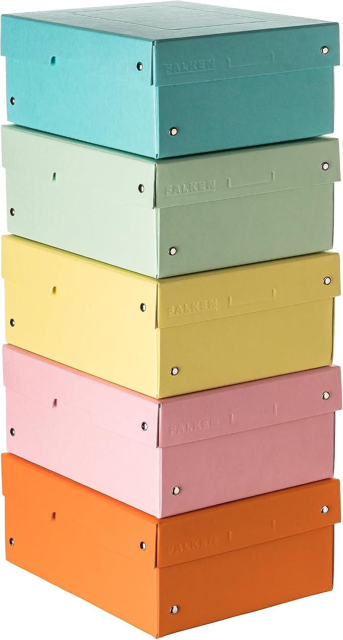 FALKEN Original PureBox Pastel Pack of 5 Made in Germany 100 mm High DIN A5 Assorted Colours Storage Box with Lid Made of Sturdy Cardboard Vegan Gift Box Transport Box All-Purpose Box