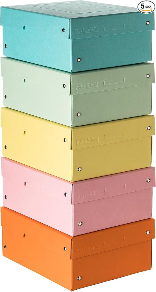 FALKEN Original PureBox Pastel Pack of 5 Made in Germany 100 mm High DIN A5 Assorted Colours Storage Box with Lid Made of Sturdy Cardboard Vegan Gift Box Transport Box All-Purpose Box