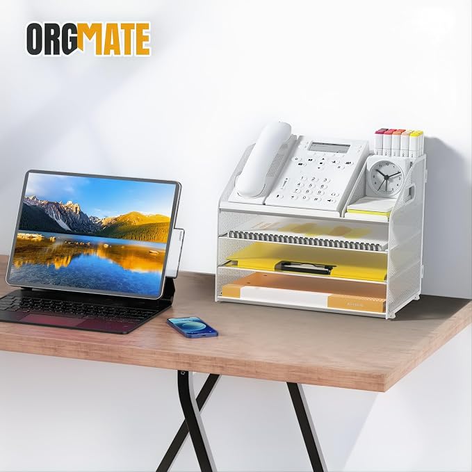 Letter Tray Paper, 4 Tier Desk Organizer with Pen Holder and Handle, Mesh File Organizer Paper Sorter Metal Desktop Document Shelf for Office Home Classroom - White