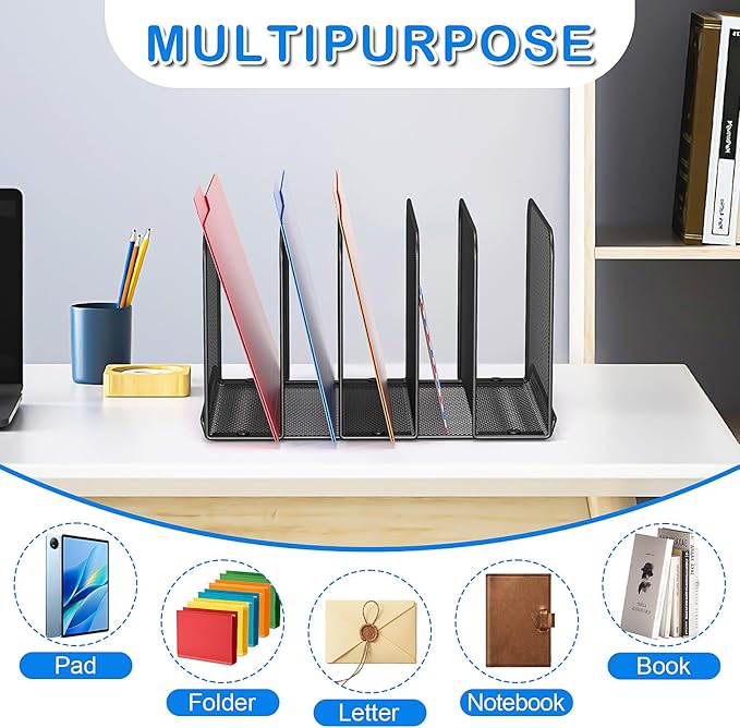 TOPCJ 5 Sections Desk File Holder/Rack/Sorter,Mesh File Organizer,File Folder Organizer,Metal Upright Desktop Organization for Documents,Magazine,Kitchenware,Antiskid,Antirust,Sturdy,2 Packs