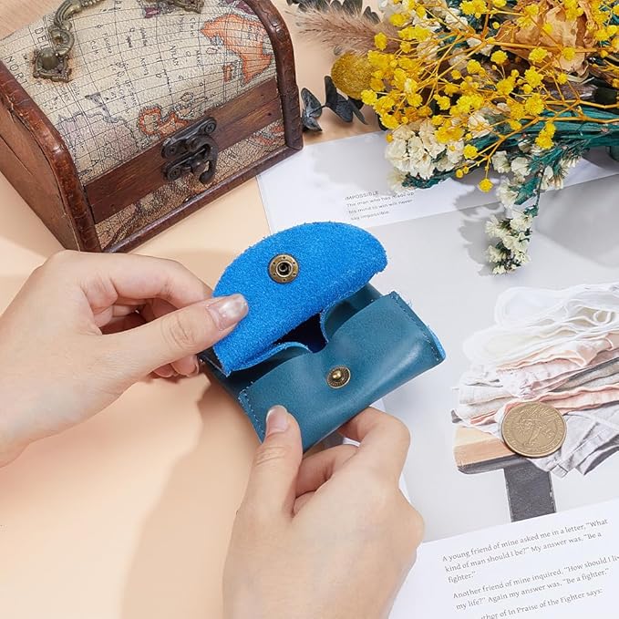 Rustic Genuine Leather Coin Purse Snap Closure Squeeze Pouch Retro Handmade Cowhide Leather Change Holder Wallet for Men Women Coins Jewelry Earphones Money Organizer(Dark Blue)