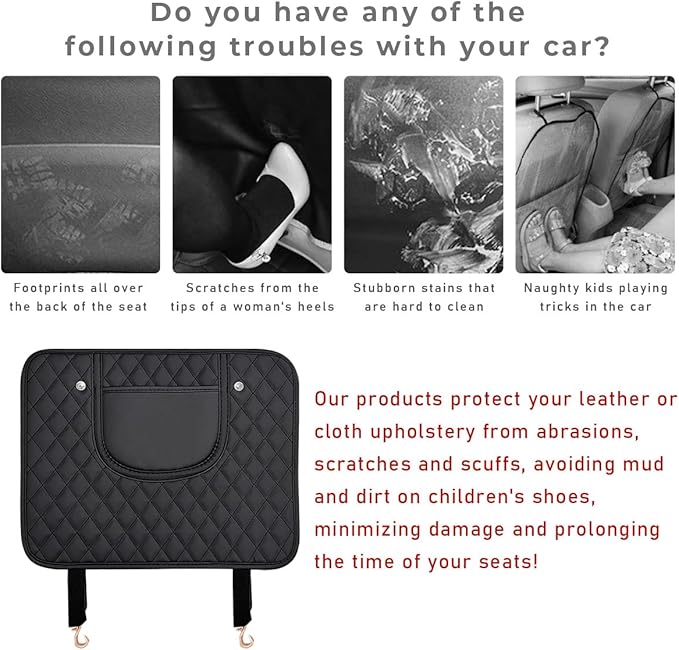 2 PCS Car Kick Mats, Leather Back Seat Protector with Storage Bag, Waterproof Automotive Backseat Cover Pad Prevent Kids Dirt Mud and Scratch, Interior Car Accessories(Black & Black)