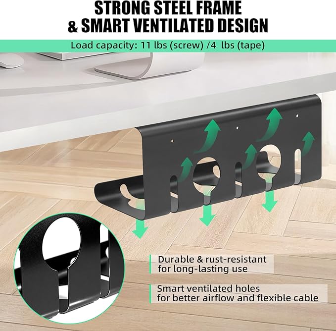 Large Metal Under Desk Cable Management Tray, 16.5"L x 4.7"W x 6.8"H, 2 Pack Under Desk Cable Tray, Wire Organizer for Power Strip, Tape Mount or Screw Mount, Easy Install Cord Raceway for Desk & Home