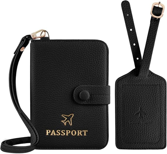 Passport Holder RFID Protected Wallet and Luggage Tag with Protection Cover Travel Accessories Leather Card Case Organizer for Women Men (Black)