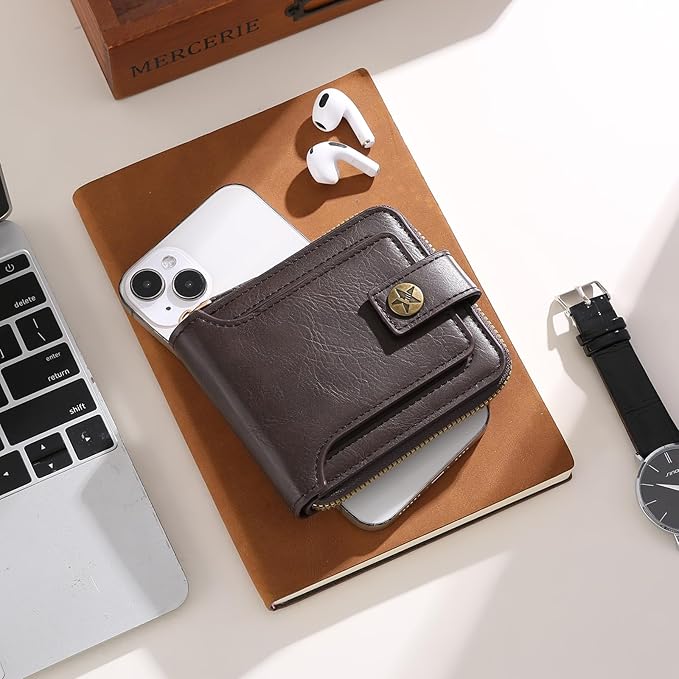 Wallet Men Leather Bifold Wallets For - Flap ID Window Zip Coin Pocket Mensr Wallets - Big Capacity Credit Card Travel Wallet