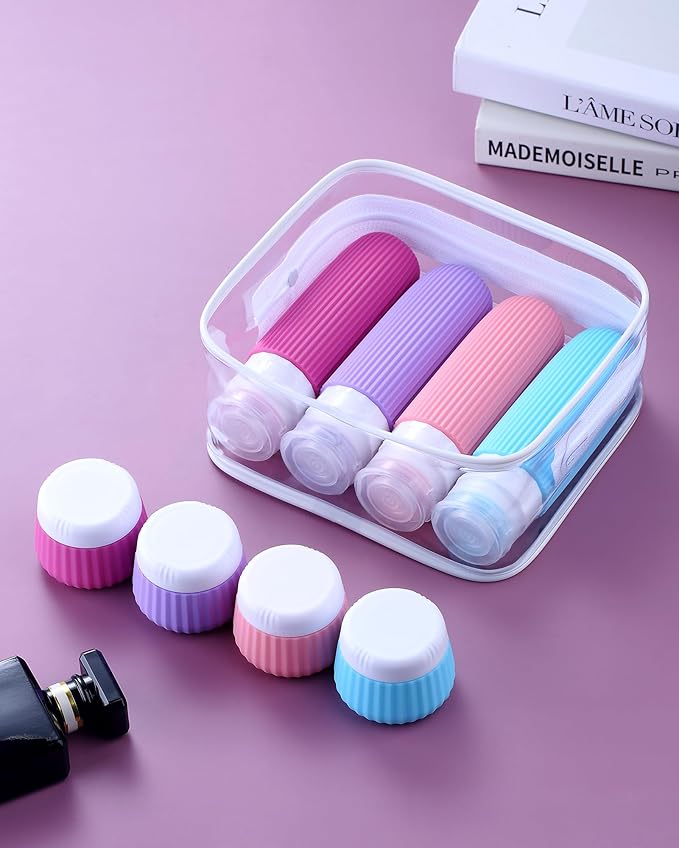 Mrsdry Travel Bottles for Toiletries 8 Pack, Tsa Approved Travel Size Toiletries 3 oz, Travel Containers for Toiletries, with Clear Bag, Leak Proof Silicone Squeezable Travel Essentials Creams Jars
