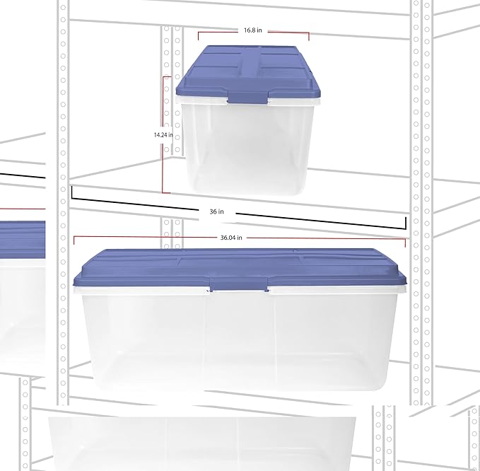 113 Qt Clear Stackable Latching Storage Bin with Smoke Blue Lid,Large Storage Bins With Lids, 36x16.8x14.2 Inches for Home & Garage Organization