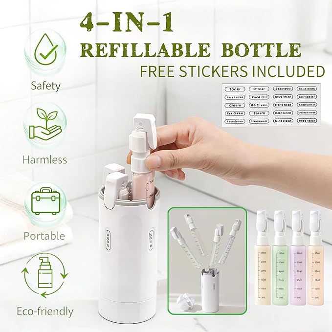 4 in 1 Travel Dispenser, 4 Pack 30ML Travel Bottles for Toiletries With label, Leak Proof Travel Size Containers, Portable Containers for Shampoo Lotion Conditioner Cream (Green)
