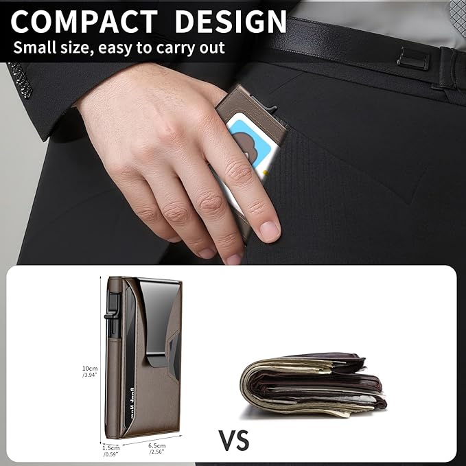 Wallet for Men Slim Minimalist Pop-up Smart Holds 5-6 Cards - RFID Blocking Metal with Money Clip, Credit Card Holder & ID Window,Business Card Cases, men accessories (Coffee)