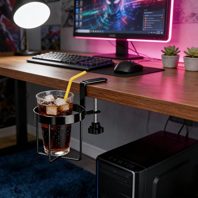 MYITYARD Desk Cup Holder Clamp, Anti-Spill Clip On Table Cup Holder, Rotatable Water Bottle Stand Drink Coffee Mug Storage, Office Accessories for Home and School (Black)