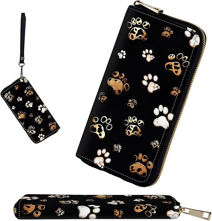 RFID-Blocking Zip Around Wallets for Women with Detachable Wrist Strap,Large Capacity Phone Holder with Card Organizer & Coin Pocket,Cute Dog Paw Prints