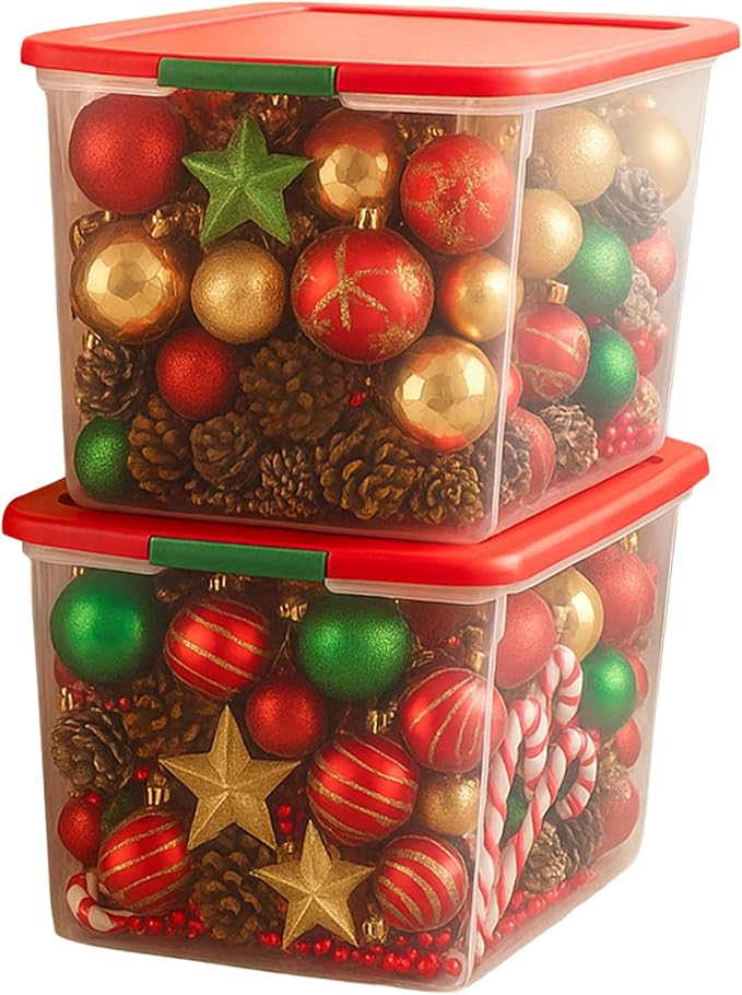 HOMZ 2 Pack Secure Latch, Clear Plastic Storage Organizer Bins, 64 Quart, Red Lid - Stackable Container Boxes for Bedroom, Bathroom, Garage, and Office Organization