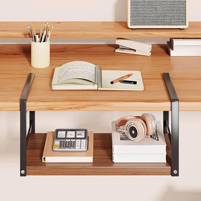 predolo Under Desk Organizer Easy-Mount Hanging Bookshelf No Drill Under Desk Shelf Rounded Corners Hanging Storage Rack for Dorm Room, Home Office, White, Raw Wood Board