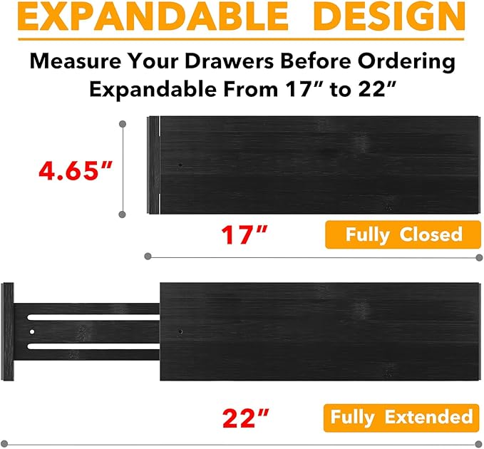 SpaceAid Bamboo 4 Pack Dresser Drawer Dividers, 4.65??High Adjustable 17??22??Drawer Organizers, Expandable Organization for Clothing, Clothes, Dressers, Black