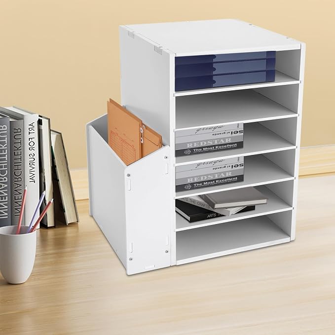 6-Tier File Organizer, 6 Slot Thick Board Desktop Mail Sorter w/Side Storage Cabinet, Adjustable Shelves File Sorter, Paper Organizer for Home School Office (White, 6 Slot)