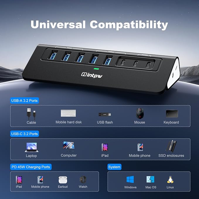 Powered USB Hub 10Gbps, Intpw YH6AC Plus 10 Port USB 3.2 Hub(USB A/USB C 3.2+3 USB-A 3.0+2 PD 45W Fast Charging Port+SD/TF Card Reader), 65W Power Adapter,Aluminum USB HUB for PC,Laptop,iPhone 17/16