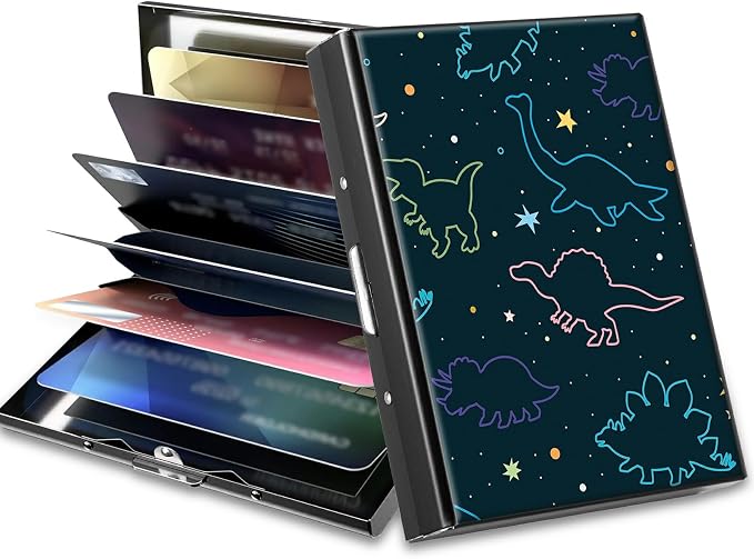 Slim Credit Card Holder, Fun Dinosaurs RFID Blocking Metal Wallet for Men & Women, Aluminum Minimalist Hard Case Pocket-Sized Business Cards Organizer (Fits Up to 10 Cards)