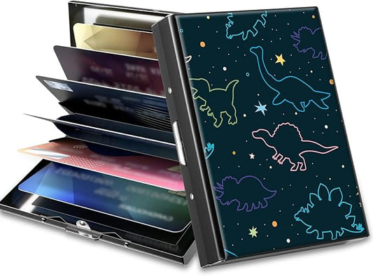 Slim Credit Card Holder, Fun Dinosaurs RFID Blocking Metal Wallet for Men & Women, Aluminum Minimalist Hard Case Pocket-Sized Business Cards Organizer (Fits Up to 10 Cards)