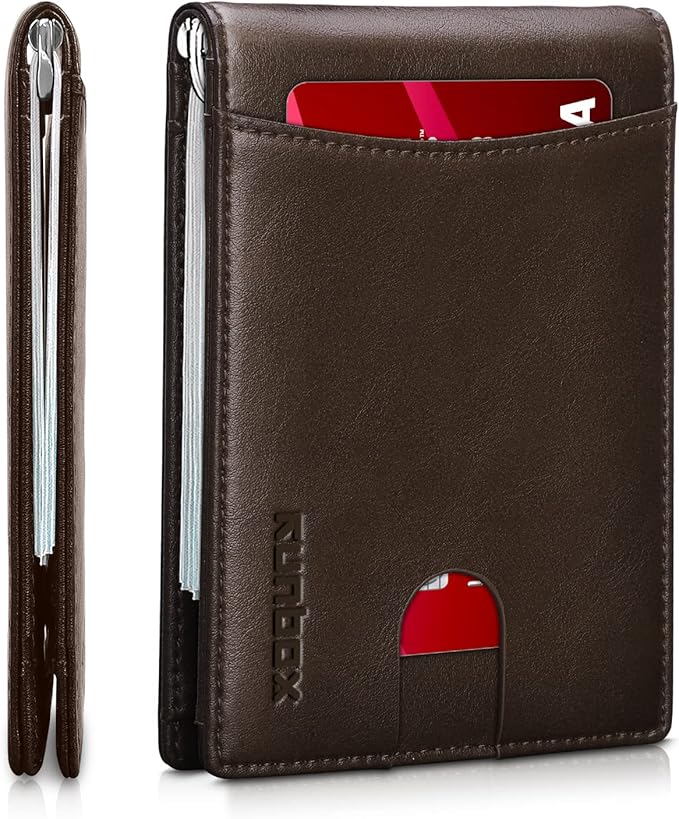 RUNBOX Slim Wallet for Men Genuine Leather RFID Blocking Bifold Minimalist Front Pocket Mens Wallet with Money Clip Thin Gift Box