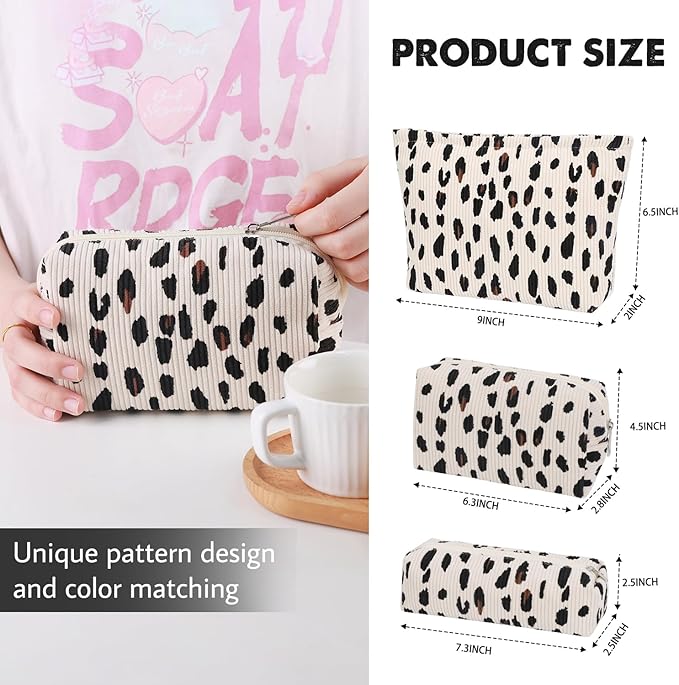 3 Pcs Makeup Bag Cosmetic Bag Set for Girls Women Travel Organizer Bathroom Toiletry Pouch Large Capacity Storage Bag (Leopard Beige)