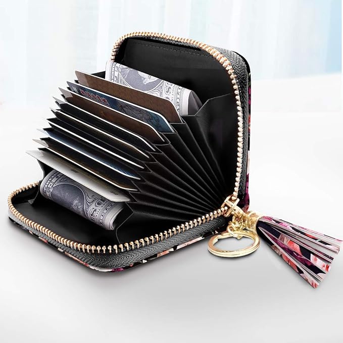 Coco Rossi Women's Flower Credit Card Wallet ID Card Case Floral Cute Accordion Card Holder for Women with Keychan, Black Flower