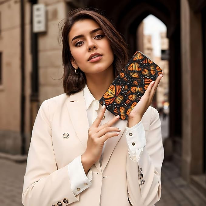 Orange Monarch Butterflies Wallet for Men Women Elegant Long Clutch Zip Around Travel Leather Coin Purse Large Capacity Credit Card Holder Handbag