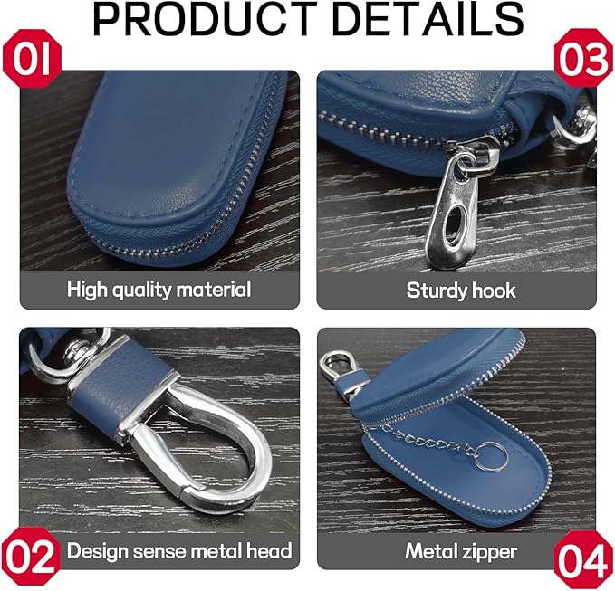 Car Key Case, Genuine Leather Auto Key Fob Protector, Universal Key Fob Cover Case with Metal Hook, Car Smart Keychain Holder for Remote Key Fob, Vehicle Keyring Zipper Bag (Blue)