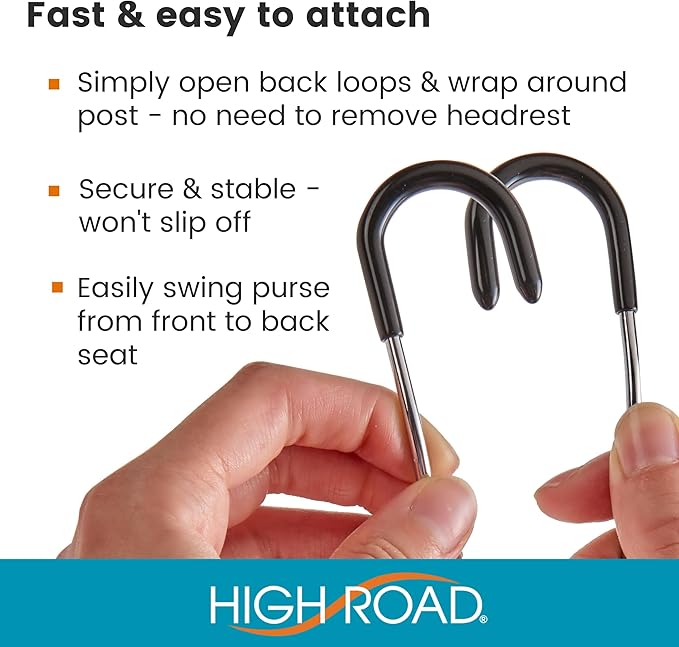 High Road Car Hooks for Purses and Bags with Leather Trim - Unbreakable Headrest Car Hooks for Large Purse Straps and Heavy Bags up to 40 lbs - Secure Attachment Loops Fit All Headrest Posts, 2-Pack
