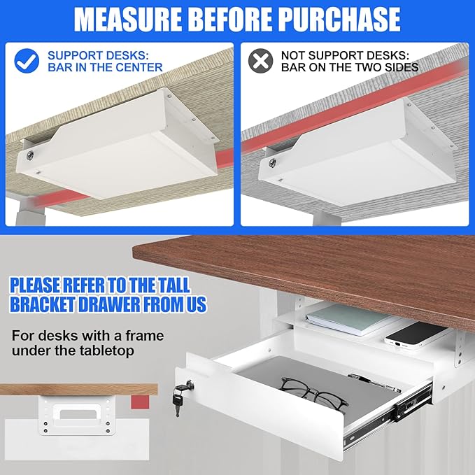 Under Desk Drawer Storage with Lock, Metal Undermount Table Drawer, Ball Bearing Slides Out Tray Organizer for Paper, Pencil, and Laptop,16"x11.8"x3.6", Black With Power Strip